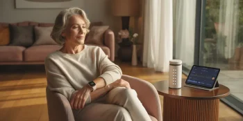 Senior woman enjoying aging at home with technology