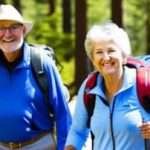 two seniors hiking in the woods