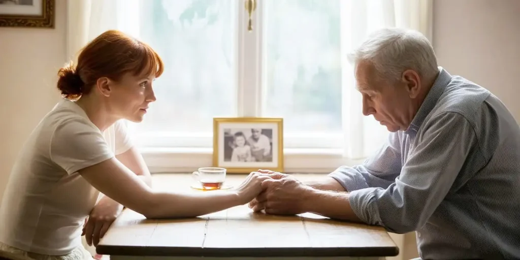 Adult daughter helping her senior father who is lying