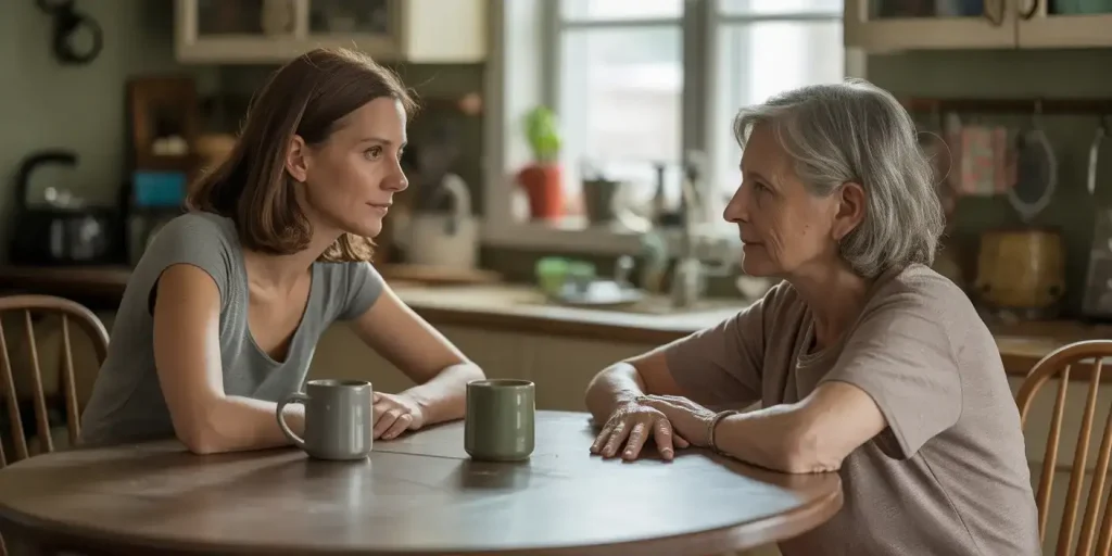 Daughter caregiving for older mother.