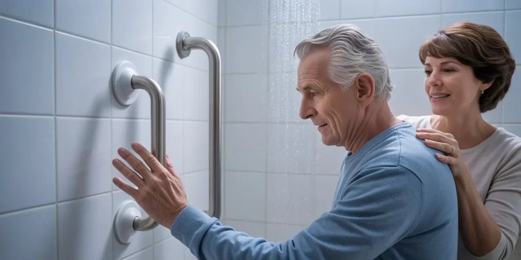 Senior man using suction grab bar in the shower