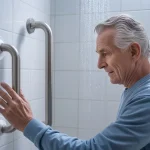 Senior man using suction grab bar in the shower