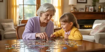 Grandmother enjoying a puzzle with her granddaughter.