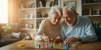Wife playing board games with her husband who has dementia.