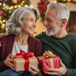Budget Christmas Gifts for Grandparents a smiling senior couple is sitting in front of a fireplace and decorated holiday tree and holding Christmas gifts