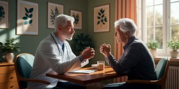 Doctor having a serious conversation with an elderly patient about driving safety and medical fitness to drive.
