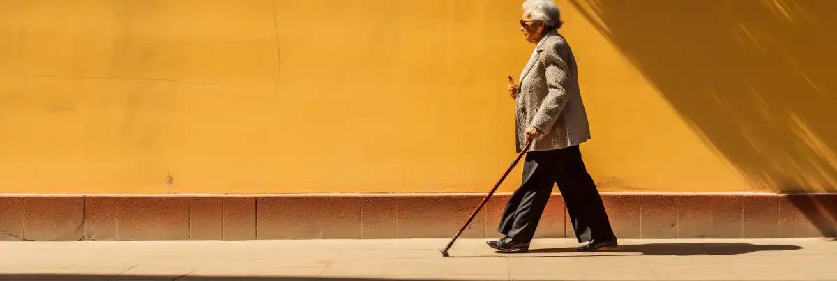 An elderly lady walks along a sidewalk, using a cane.