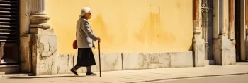 A senior woman walks down a sunny sidewalk. She is using a cane.