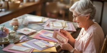senior woman crafting homemade greeting cards