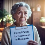 Senior woman holding clipboard labeled Cornell Scale for Depression in Dementia, highlighting mental health screening in elderly with cognitive decline.