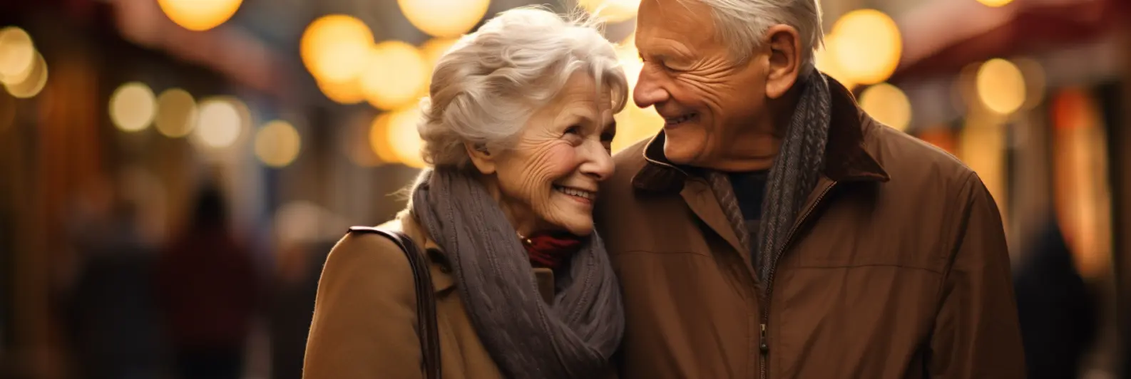 An older couple walking together.