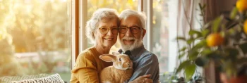senior couple with their pet rabbit