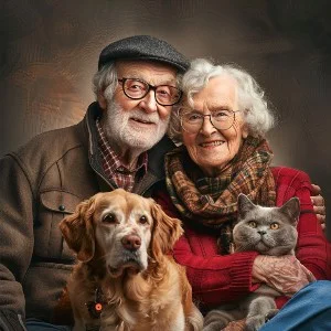 Senior couple with their pet dog and cat.