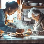 How To Promote Independence In A Senior With Dementia? daughter working with elderly mother kitchen