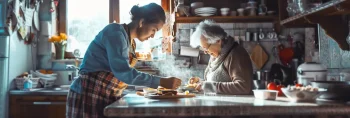 daughter working with elderly mother kitchen