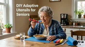 Older woman using DIY adaptive utensils for eating.