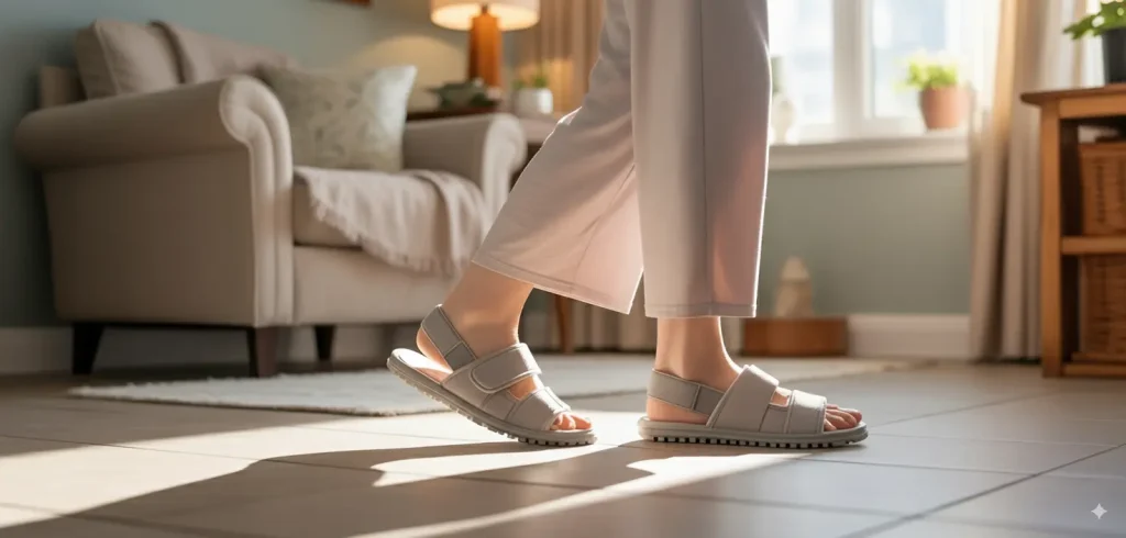 Senior woman wearing non-slip sandals