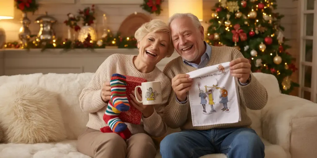 Grandparents enjoying funny gifts