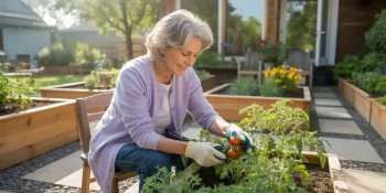 Senior woman aging in place and gardening in her back yard.