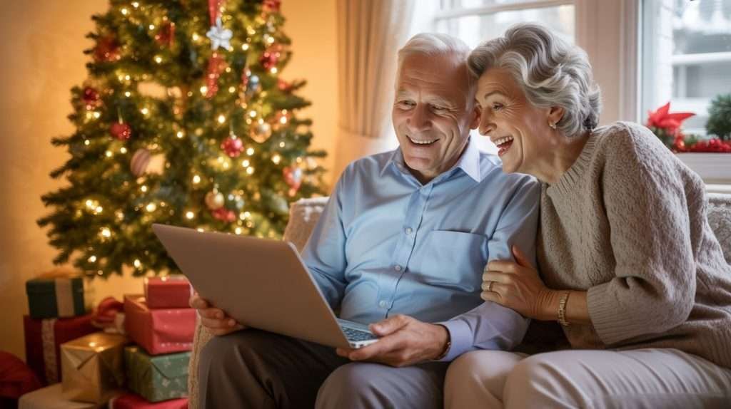 A senior man and woman are sitting on a couch next to a lighted Christmas tree. They are smiling and looking at a laptop the man is holding on his lap.