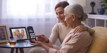 daughter helping elderly mother who resists technology