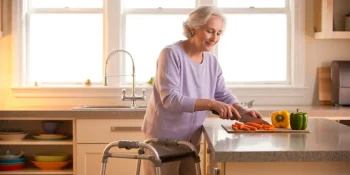 Senior woman in safely designed kitchen for aging in place.