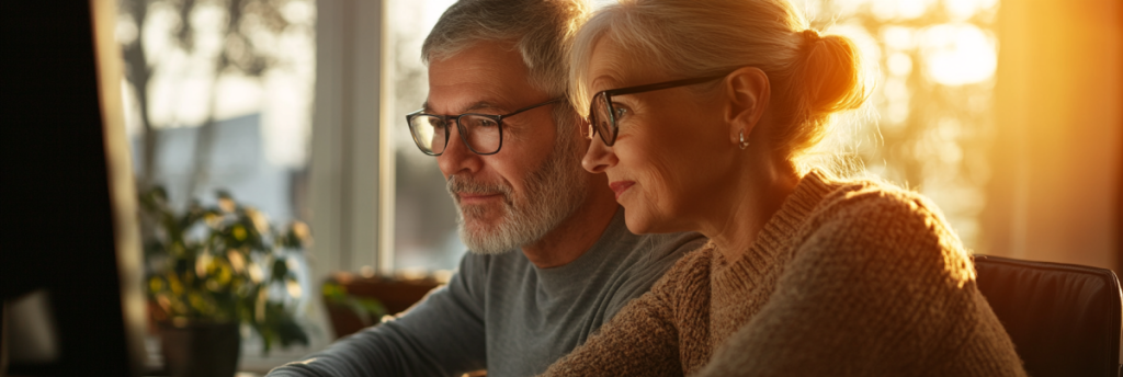 A senior man and woman are looking at their computer as they consider  Medicare open enrollment choices