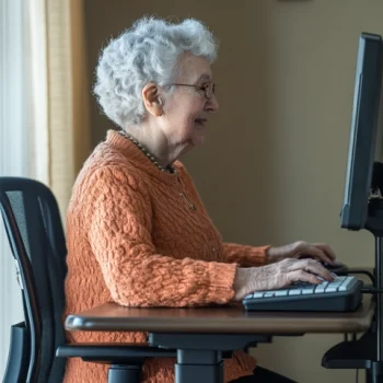 A senior lady types on a computer looking for information about the medicare open enrollment period
