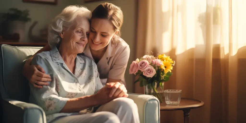 Mother with dementia and daughter on Mother's Day.