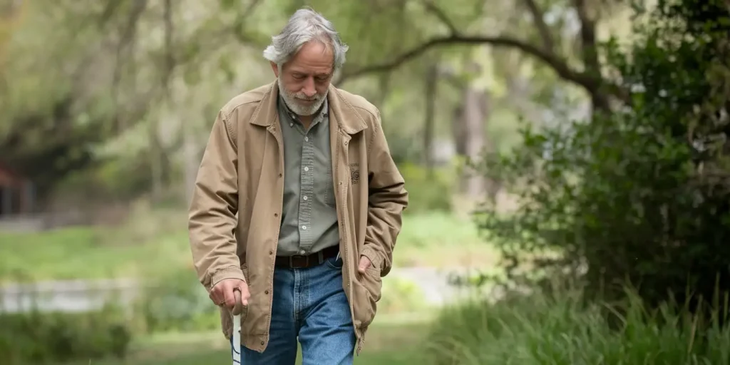 older adult walking with a cane