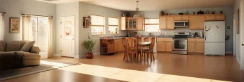 A large open floor plan home with kitchen and living room.