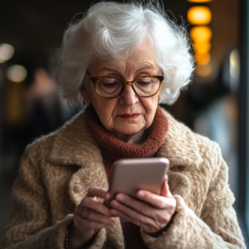A senior woman is using a phone