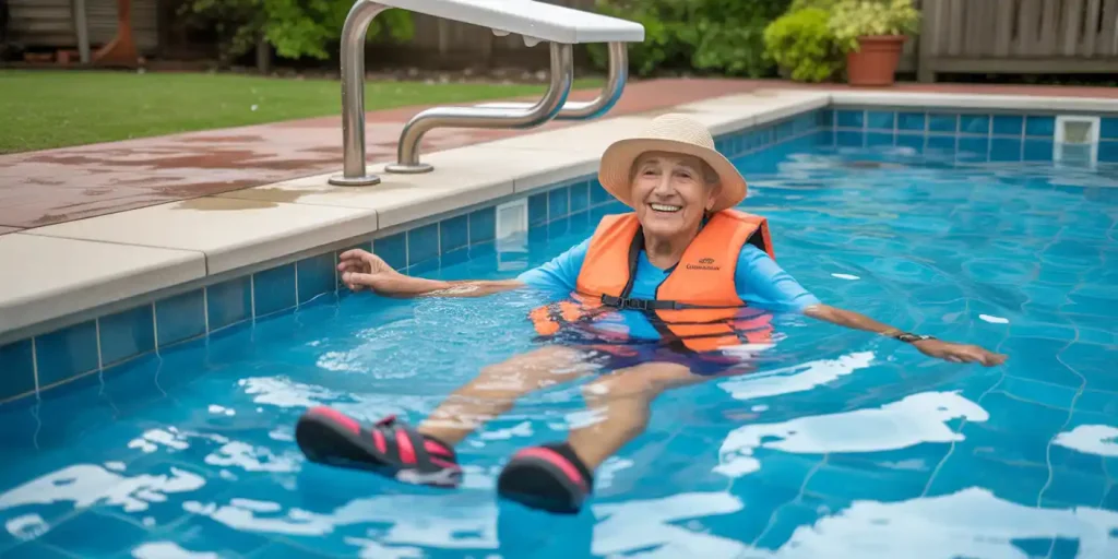 Senior woman wearing safety equipment in her pool.