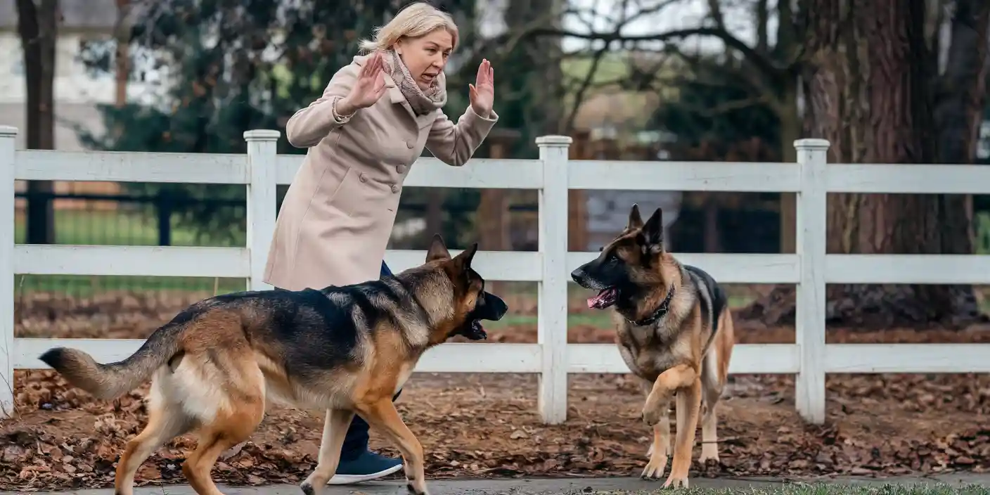 Woman out on a walk doing her best to protect herself from stray dogs.