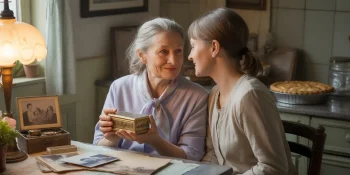 Daughter working with her elderly mother on reminiscence therapy.