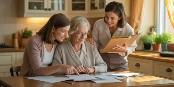 Daughters helping senior mother review home care agencies.