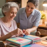 Senior woman enjoying crafts in a safe and comfortable area.