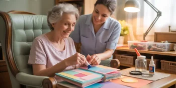 Senior woman enjoying crafts in a safe and comfortable area.
