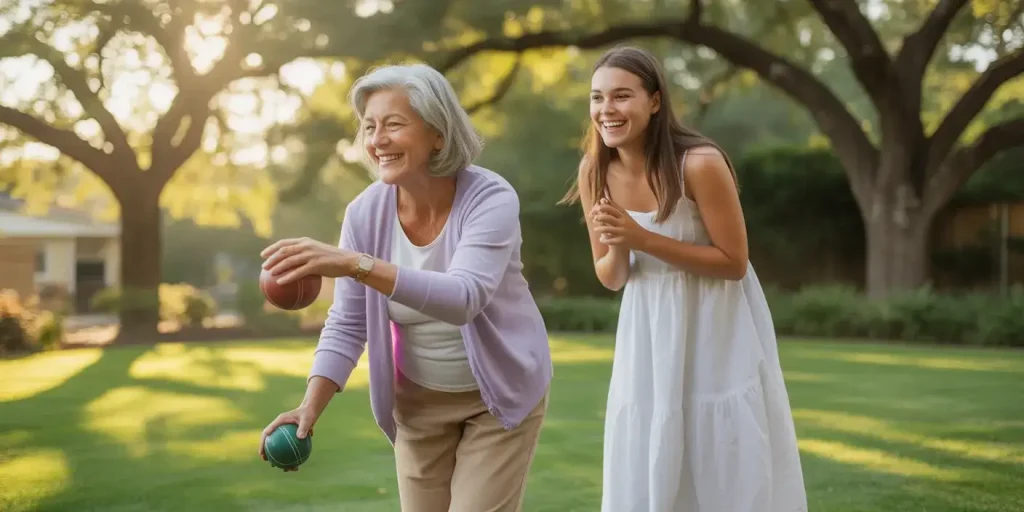 Senior mother and daughter enjoying outdoor summer game
