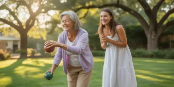 Senior mother and daughter enjoying outdoor summer game