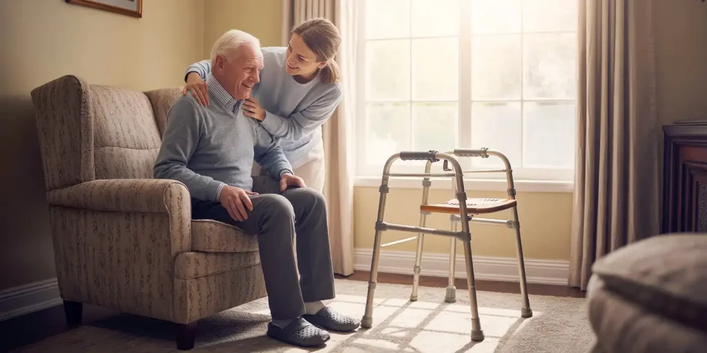 Daughter helping elderly father to stand up.
