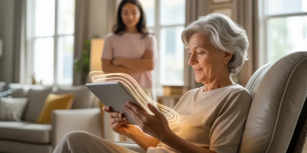 Senior woman being protected online by scammerdefence app.