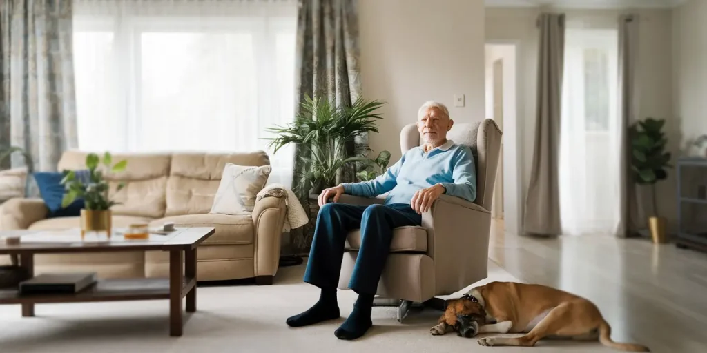 senior man and his dog contemplating changes to make his home senior friendly.