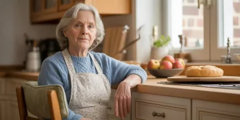 older woman in her kitchen sitting on a kitchen stool