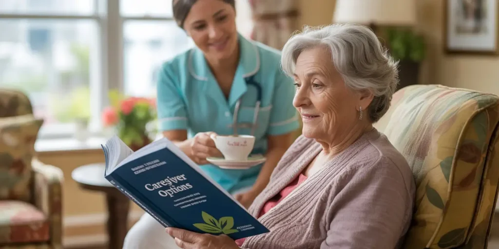 Senior woman at home with her caregiver