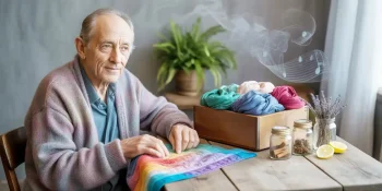 Elderly man with dementia enjoying sensory activities.