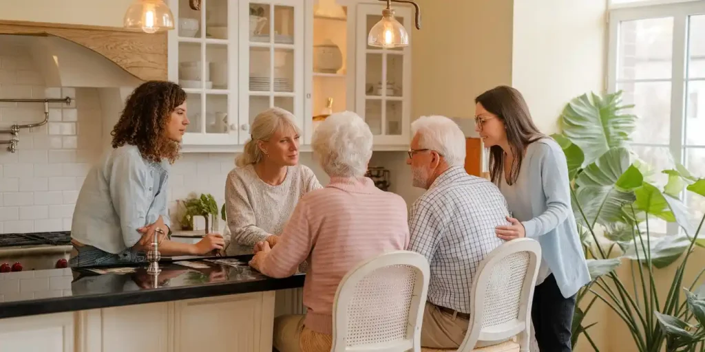 Adult children are gathered around a kitchen island as they are setting boundaries with their difficult older parents