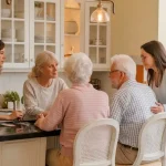 Setting Boundaries With Difficult Elderly Parents Adult children are gathered around a kitchen island as they are setting boundaries with their difficult older parents