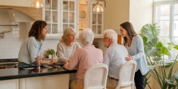 Adult children are gathered around a kitchen island as they are setting boundaries with their difficult older parents