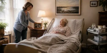 Adult daughter setting up a room for her bedridden mother.